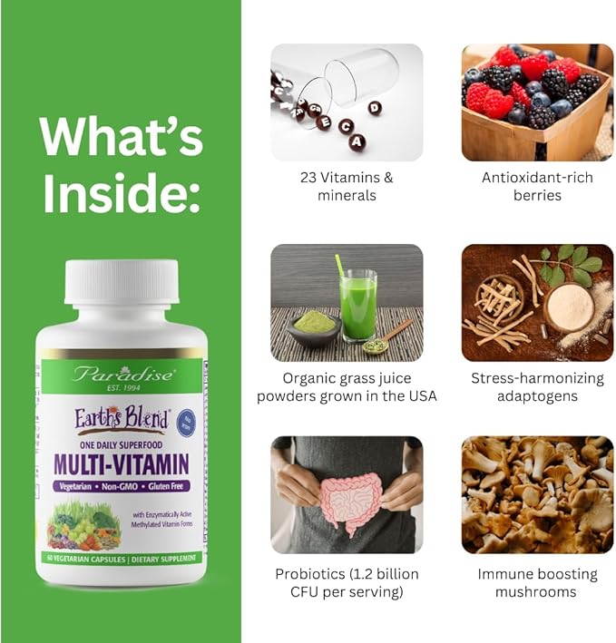 Paradise Herbs Earth's Blend Once Daily Multivitamin, No Iron, 48 Organic Superfoods, Probiotics, Antioxidants, Vitamins A, B12, C, D, K2,120 Count