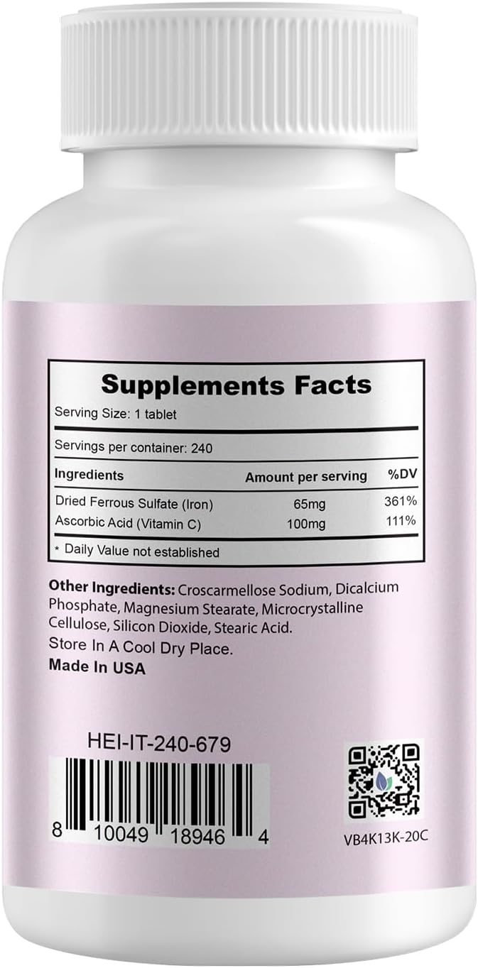 Heivy Ferrous Sulfate 325mg with Vitamin C (65 mg Elemental Iron), Non-Constipating Iron Supplement for Women - Non-GMO, Vegan - Made in USA