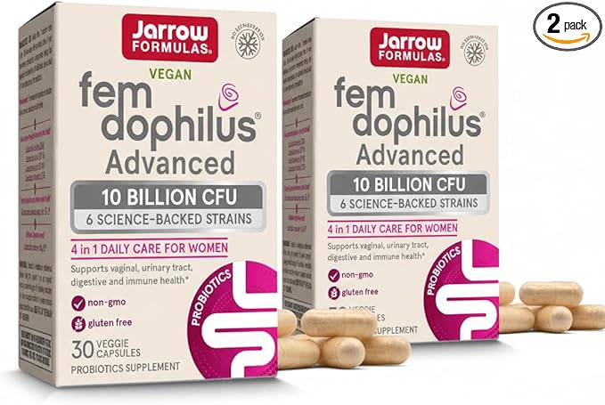 Jarrow Formulas Fem-Dophilus Advanced Vaginal & Digestive Probiotics 10 Billion CFU, for Vaginal, Urinary Tract, Digestive & Immune Support, 30 Capsules (Pack of 2)