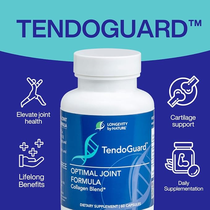 Longevity by Nature TendoGuard Joint Support Supplement with Collagen Peptides, Hyaluronic Acid Supplements, Tendon and Ligament, 60 Capsules
