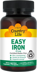 Country Life Easy Iron 25 mg | Gentle, Non-Constipating Iron Supplement | Supports Energy & Red Blood Cell Production | Certified Gluten-Free & Vegan | 90 Vegan Capsules