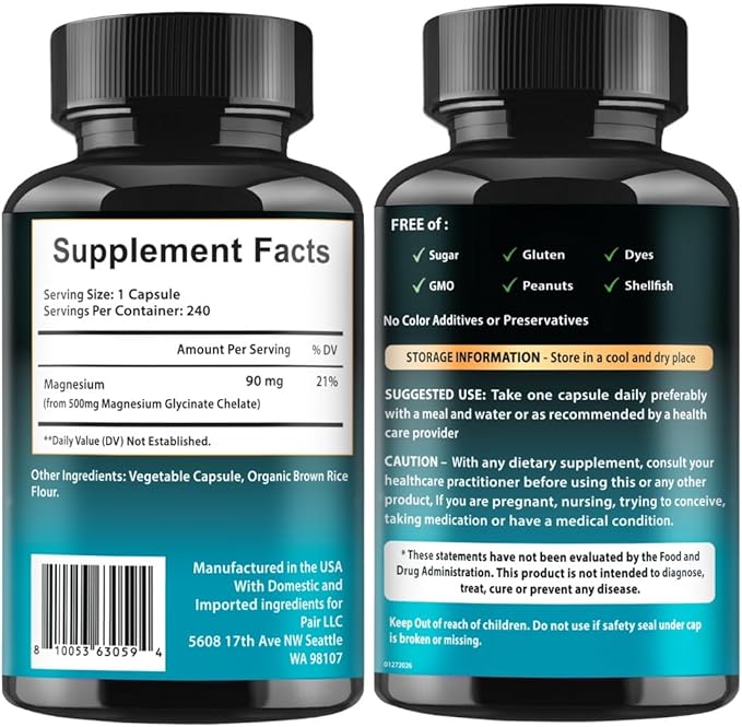 Magnesium Glycinate 500mg Chelate Capsules – 240 Count – 90mg Elemental Magnesium Per Serving – High Absorption Supplement – Non-GMO, Gluten Free – Made in USA