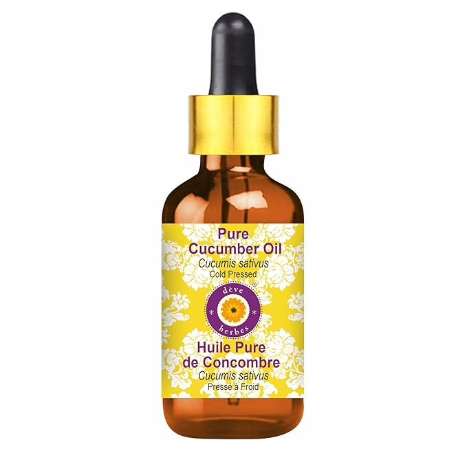 Deve Herbes Pure Cucumber Oil (Cucumis sativus) with Glass Dropper Cold Pressed 10ml (0.33 oz)
