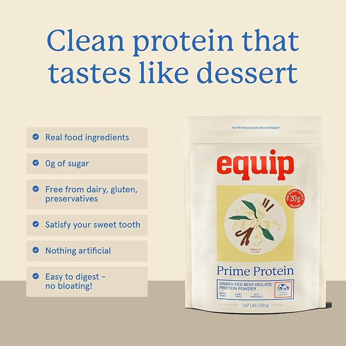 Equip Foods Prime Protein Powder | Clean, Grass Fed Beef Protein Powder | Carnivore Protein Isolate | Paleo, Keto Friendly | Gluten & Dairy Free | Helps Build & Repair Tissue | 30 Servings, Vanilla
