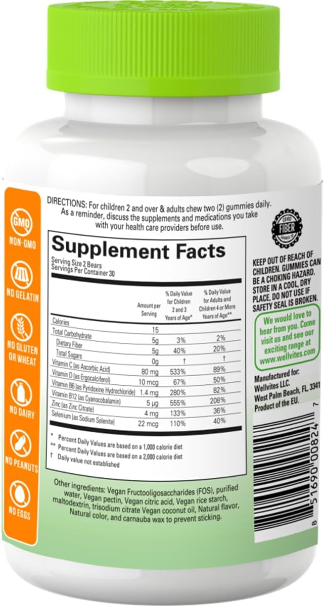Wellvites Sugar Free Kids Immune Daily Gummy Vitamins - Vegan, Non-GMO - Vitamin C Gummies for Kids Immune Support, No Artificial Sweeteners, Gluten-Free, Gelatin-Free, 60 Count (30 Day Supply)