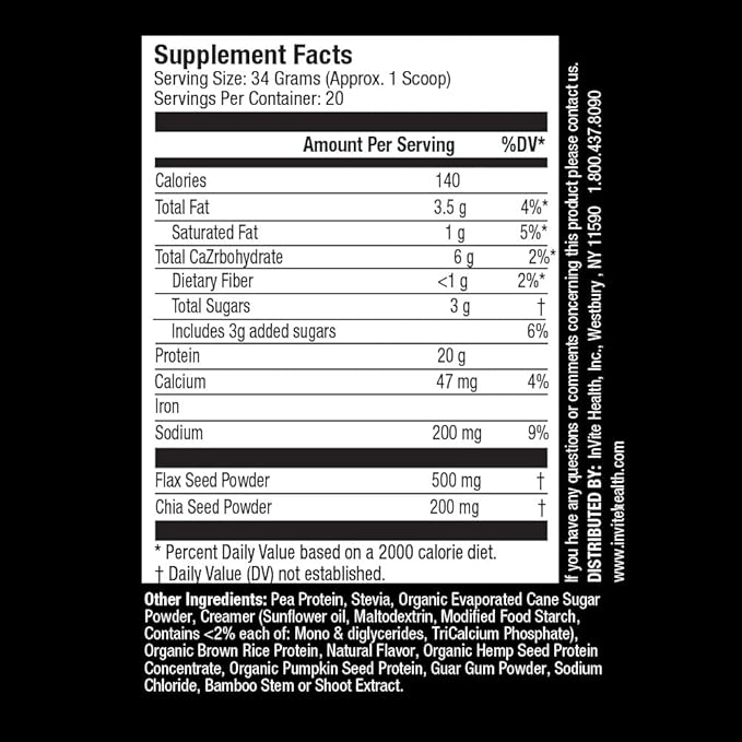 Invite Health Plant Protein Vanilla - Promotes Satiety - Boosts Energy - Supports Lean Muscle Mass - 24Grams (Approx. 1 Scoop) - 20 Servings (2-Pack)