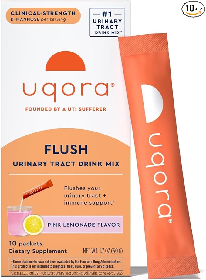 Uqora Flush - Urinary Tract* with D-Mannose, Vitamin C, Vitamin B6, Potassium, Magnesium & Calcium - Gluten-Free & Vegan - Pink Lemonade Flavor - 10 Packets (1 Pack)