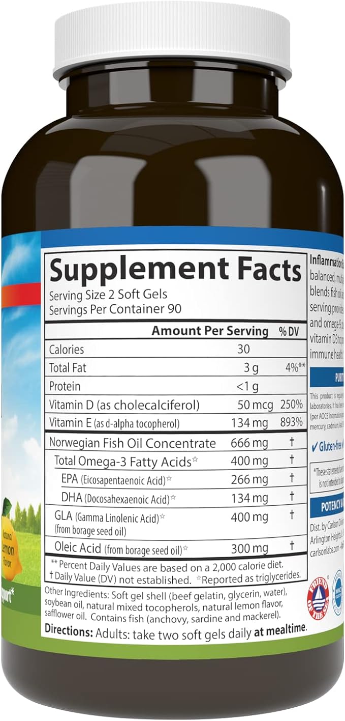 Carlson - Inflammation Balance, Balanced Omega-3 & Omega-6 Ratio, with D3, Norwegian, Wild-Caught Fish Oil Supplement with Fatty Acids, Sustainably Sourced Fish Oil Capsules, 180 Softgels