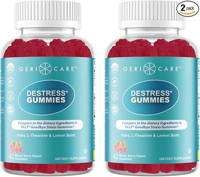 GeriCare DeStress Gummies with GABA, L-Theanine & Lemon Balm, Berry Flavor, 42 Count, Supports Relaxation & Mental Clarity, Non-GMO, Gluten-Free, Vegan (2 Pack)