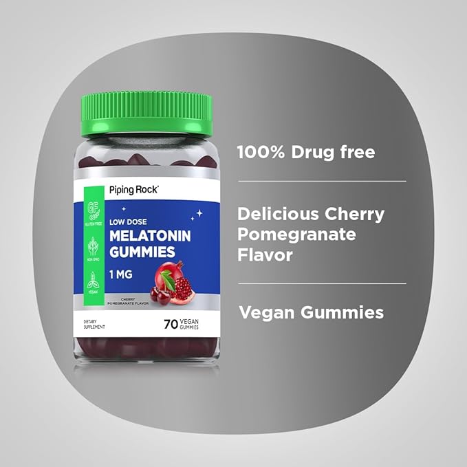 Piping Rock Melatonin Gummies 1 mg | 60 Count | Cherry Pomegranate Flavor | Low Dose | Adult Supplement | Vegan Formula | Non-GMO, Gluten Free