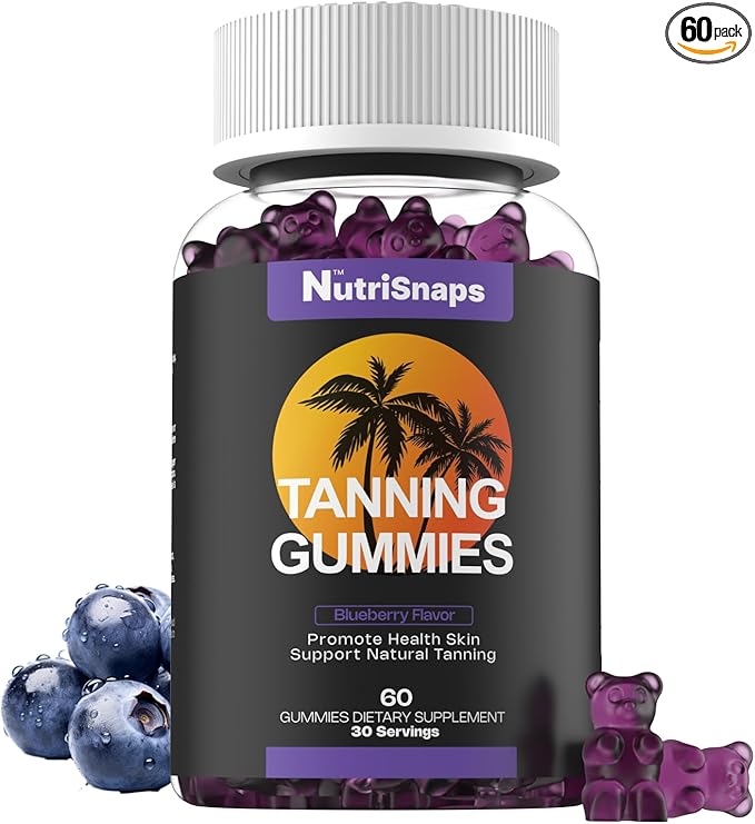 Tanning Gummies, Tanning Supplement for Adults Woman & Men, Daily Tanning Gummies for Skin Health & Pigmentation, Non-GMO, Vegan, Blueberry Flavor, 60 Gummies