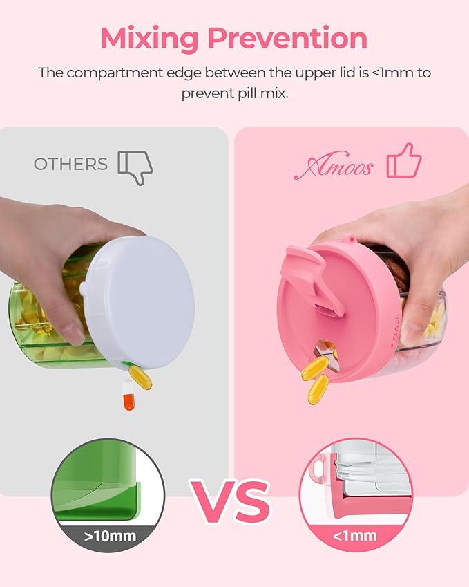 AMOOS Cute Pill Dispenser with 7 Large Compartments, Portable Pill Bottle Organizer with Wide Opening for Easy Use, Anti-Mix Pill Organizer for Travel, BPA-Free Pill Container, Hot Pink