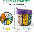 PULIV Portable Pill Dispenser Bottle, Vitamin Organizer with 7 Compartments, Holds Plenty of Supplements with Anti-Mixing & Wide Openings Design, Easy to Retrieve Meds, Includes 20 Labels Dark Purple