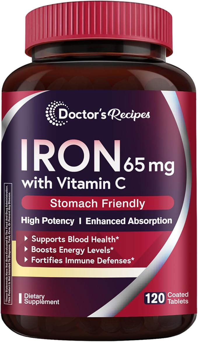Doctor's Recipes Iron Supplement 65 mg with Vitamin C - Maximized Absorption & Stomach Friendly Iron Pills for Red Blood Cells Formation, Heart, Brain & Immunity Health - Vegan Non-GMO 120 Iron Tabs
