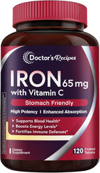 Doctor's Recipes Iron Supplement 65 mg with Vitamin C - Maximized Absorption & Stomach Friendly Iron Pills for Red Blood Cells Formation, Heart, Brain & Immunity Health - Vegan Non-GMO 120 Iron Tabs