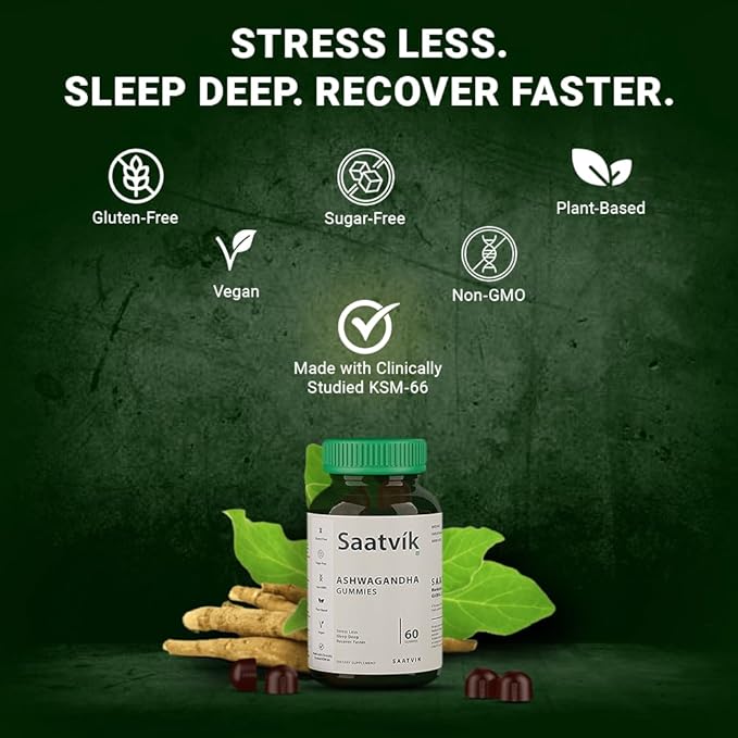 Saatvik Zero Sugar Ashwagandha & Vitamin D Gummy - 60 Count - Mixed Berry, KSM-66, Vegan, Plant Based, Non-GMO, Gluten-Free & Gelatin Free Relax. Restore. Unwind, Pack of 1
