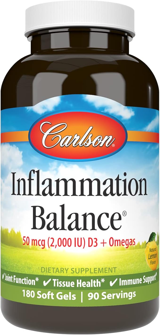 Carlson - Inflammation Balance, Balanced Omega-3 & Omega-6 Ratio, with D3, Norwegian, Wild-Caught Fish Oil Supplement with Fatty Acids, Sustainably Sourced Fish Oil Capsules, 180 Softgels