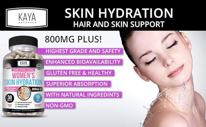 Kaya Naturals Skin Hydration Vitamins - Female Pills - Skin Enhancer Capsules -Hydration Booster for Women - Promotes Increased Energy, Mood & Stamina - Reduction in Dryness - 30 Veggie Capsules