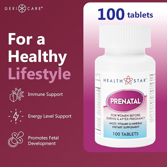 Prenatal Multivitamin by HealthStar for Healthy Mom and Baby - Folate + Vitamin C + Vitamin D + Iron + Calcium + B12 - 100 tablets