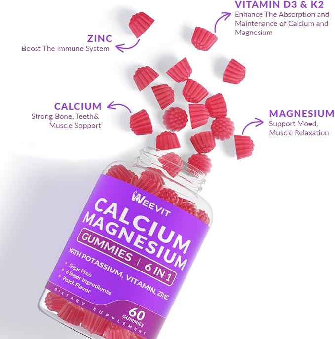 Sugar Free Calcium Gummies Supplement 600mg, Calcium Magnesium Zinc Gummies with Vitamin D3 K2, Potassium, High Absorption CA Gummy for Bone, Teeth & Muscle