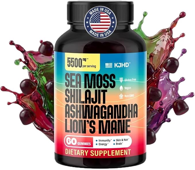 KJHD Shilajit Ashwagandha Gummies with Sea Moss, Beet Root, Lion’s Mane Mushroom & Black Seed Oil – Organic Herbal Superfood Supplement – 60 Vegan Gummies
