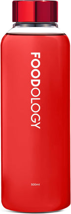 FOODOLOGY Bottle for Drink Mix (Red, 16.9fl oz) - Leak Proof, Lightweight, Durable Sports Water Bottle. Reusable for Gym, Outdoor, Travel. BPA Free, Clear Beverage Container with Marker