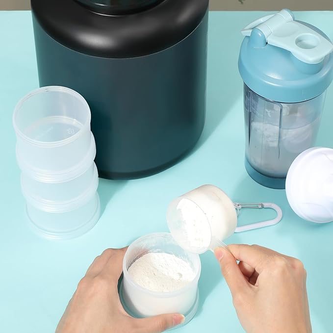 Baderke 2 Pcs Protein Powder Travel Container with Funnels Stand, 4 Layers Stackable Travel Powder Container Formula Supplement Organizer Storage Holder for Workout Fitness(White)