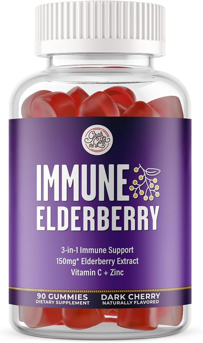 Grab The Gold Immunity Gummies | Elderberry Flavor with Vitamin C & Zinc | Cold & Flu Support, Vegan, Gluten-Free | 45 Day Supply, Made in USA