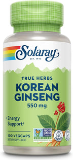 SOLARAY Korean Ginseng 550 mg - Ginseng Root - Stress, Physical Endurance and Energy Supplements - Non-GMO, Vegan, Lab Verified - 100 Servings, 100 VegCaps