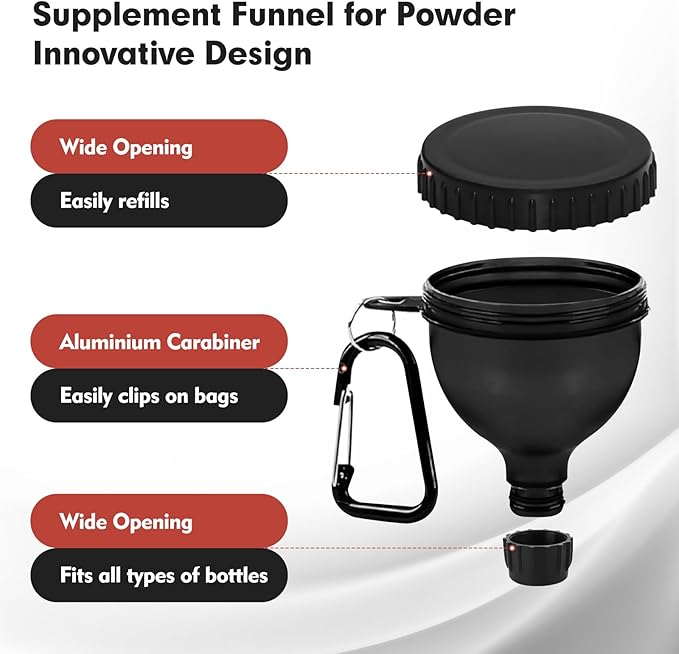2Pack Portable Protein Powder Travel Container to Go, Protein Powder Funnel with Carabiner & Reinforced Caps, Water Bottle Container for Powders Mixes, PreWorkout/Supplement Funnels (100ml_Black)