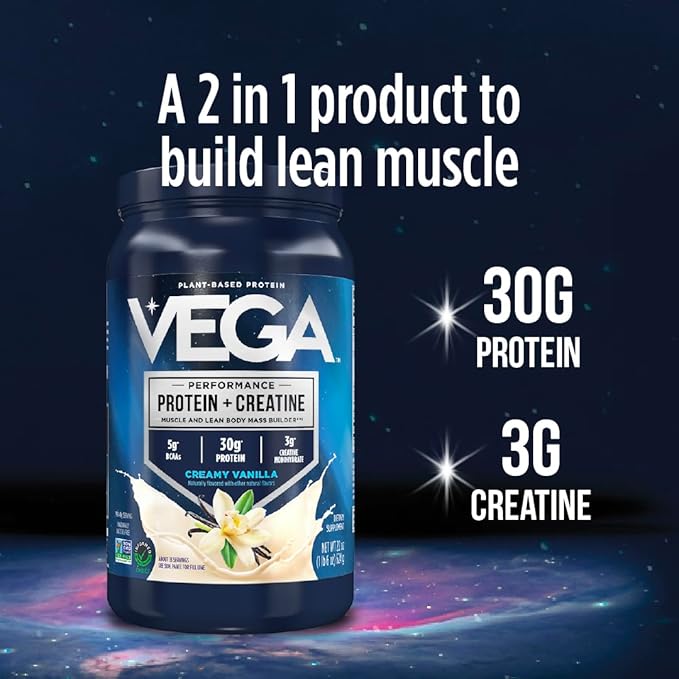 Vega Protein + Creatine - 30g Plant-Based Protein, Vanilla, 13 Servings, 3g Creatine, 5g BCAAs, Vegan, Keto, Gluten Free, Dairy Free, Low Carb, for Muscle Growth & Repair, Drink Mix, 22oz