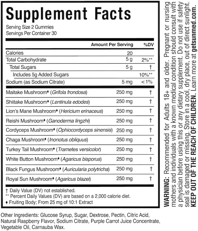 SUNMED All-in-One Mushroom Gummy Supplements for Focus, Energy, Mood & Immune Support – 10 Functional Mushrooms (Lion’s Mane, Reishi, Cordyceps, Chaga) | Wild Raspberry Flavor, 60ct