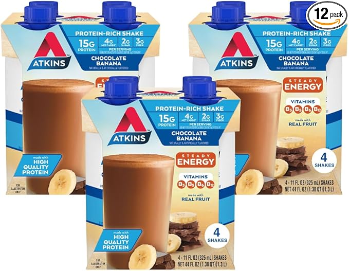 Atkins Chocolate Banana Protein Shake, 15g Protein, 5g Net Carbs, 1g Sugar, Low Carb, High Protein Shake, Banana Breakfast Protein Shake, 4 Pack (11 fl. oz Each)