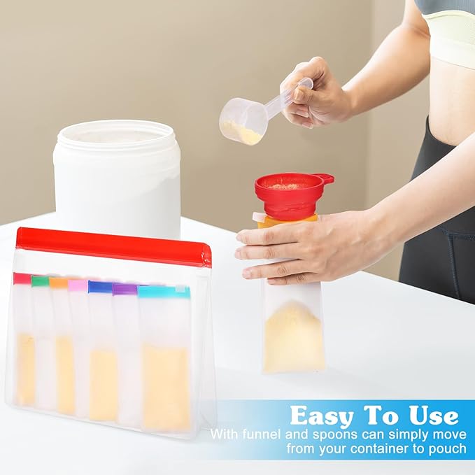 55 Pcs Protein Powder Travel Container Set - Protein Powder Container To Go, Single Dose Kit Reusable Powder Supplement Packets, Portable Powder Organizer Zip up Bags with Funnels, Spoons, Labels