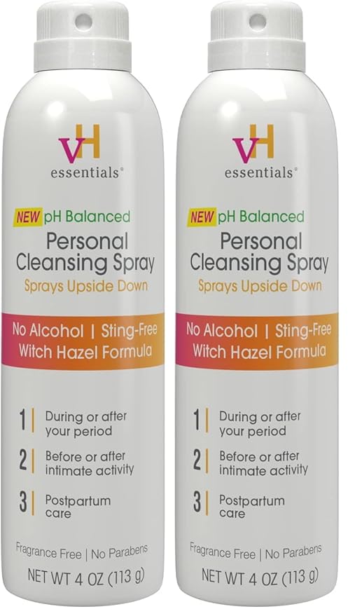 vH essentials Personal Cleansing Spray, pH Balancing Lactic Acid, Sting-Free, Witch Hazel Formula, Fragrance free, Paraben free, Sprays upside down for easy external intimate cleansing, 4 floz