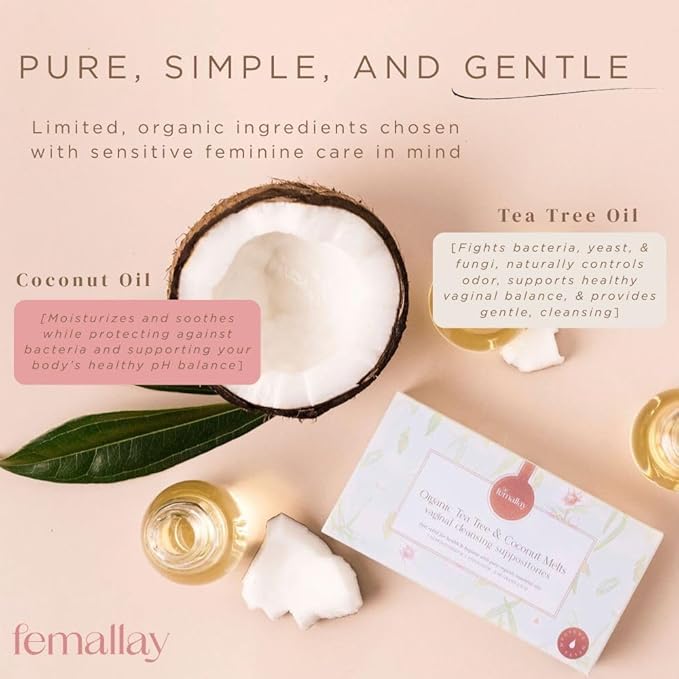 Femallay Organic Vaginal Melts – Tea Tree & Coconut Oil – Natural Feminine Odor Control, pH Balance & Dryness Relief – 7 Count + Applicator