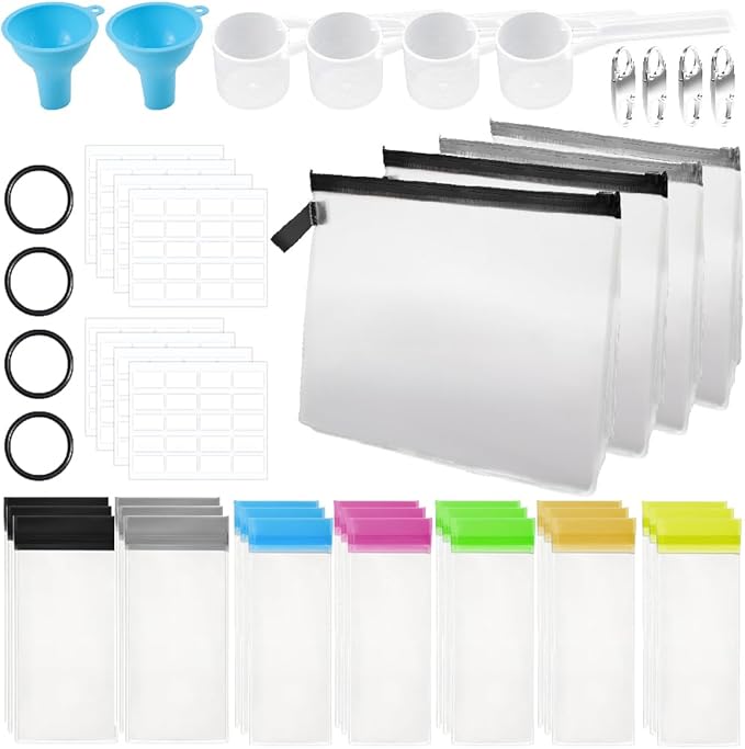 Abnaok 47PCS Protein Powder Travel Container Set,Reusable Powder Supplement Container with 21PCS Single Dose Powder Bags，Zip Up Bags，Funnels, Spoons and Sheet Labels, Spring Buckle，Zipper Rings