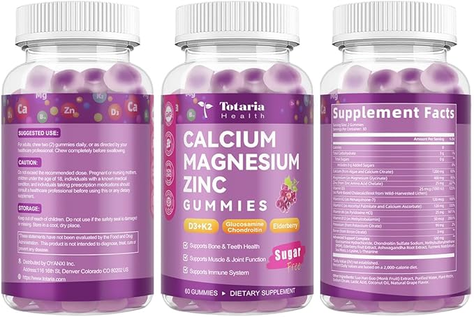 2 PCS Totaria Sugar Free Calcium Citrate Magnesium Zinc Gummies for Women Men, with D3, Boron, B12, Ashwagandha, 19-in-1 Ultimate Absorption Calcium 1200 mg Supplements for Bone, Muscle, Calm, Vegan