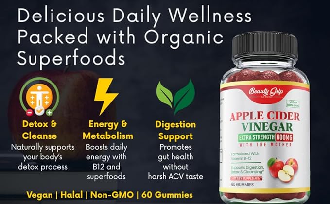 Apple Cider Vinegar Gummies with The Mother – Organic ACV + Pomegranate, Beetroot & B12 – Digestive, Detox & Energy Support – Vegan, Halal – 60 Gummies