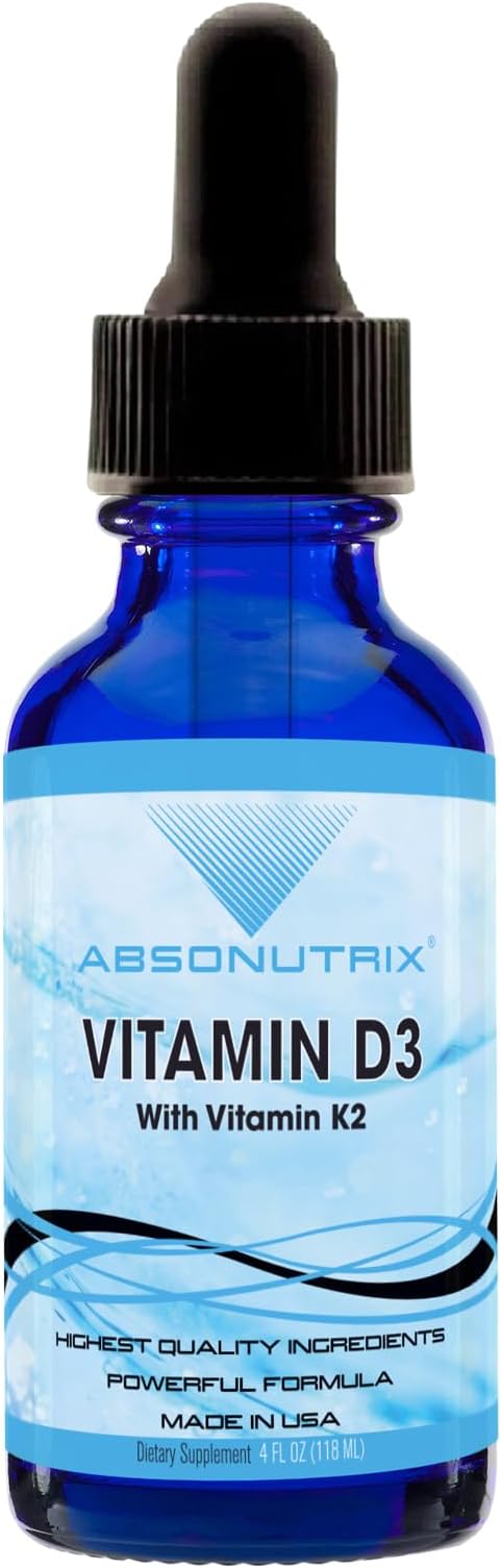 Absonutrix Vitamin D3 K2 Drops, 390mg, 4 Oz Liquid, 302 Servings, Made in USA, Quick Absorption, Quality Potent Ingredients, Non-GMO, GMP Certified, Cruelty-Free Products, Bone Strength Supplements