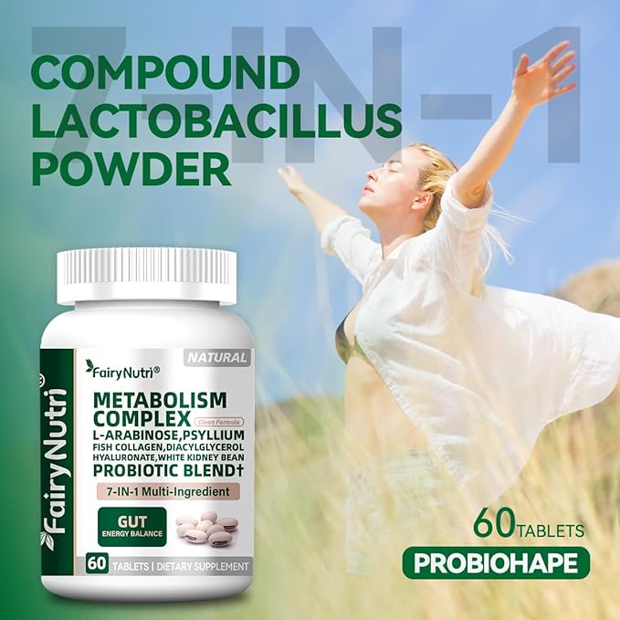 L-Arabinose 7-in-1 Metabolism Supplement | White Kidney Bean Extract, Collagen & Probiotics | Carb Block, Gut Balance & Skin Glow Support | cGMP & NSF - 60 Tablets