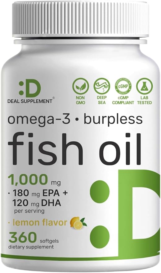 Omega-3 Fish Oil Burpless Formula from Wild Caught Deep Sea Fish, 360 Softgels | 1,000 mg Fish Oil with 180 mg EPA & 120 mg DHA per Serving | Natural Lemon Flavor | Non-GMO, cGMP Manufactured