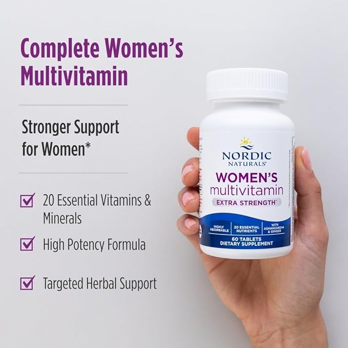 Nordic Naturals Women’s Multivitamin Extra Strength - Skin, Hair, Energy, & Bone Support - Immunity Supplement - 20 Essential Nutrients - 60 Tablets - 30 Servings