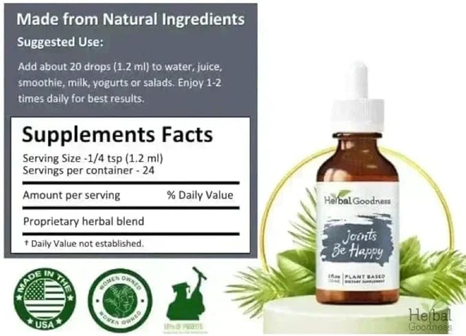 Herbal Goodness Joint Be Happy Liquid Extract 2oz – Organic Joint & Bone Health Support with Glucosamine, Chondroitin, Magnesium & Herbal Blend for Men & Women