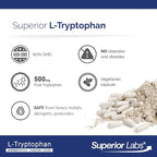 Superior Labs L-Tryptophan 500 mg Capsules, Pure Non-GMO Amino Acid, High Absorption, Supports Sleep and Mood, Helps with Occasional Stress, PMS Support, 120 Veg Caps