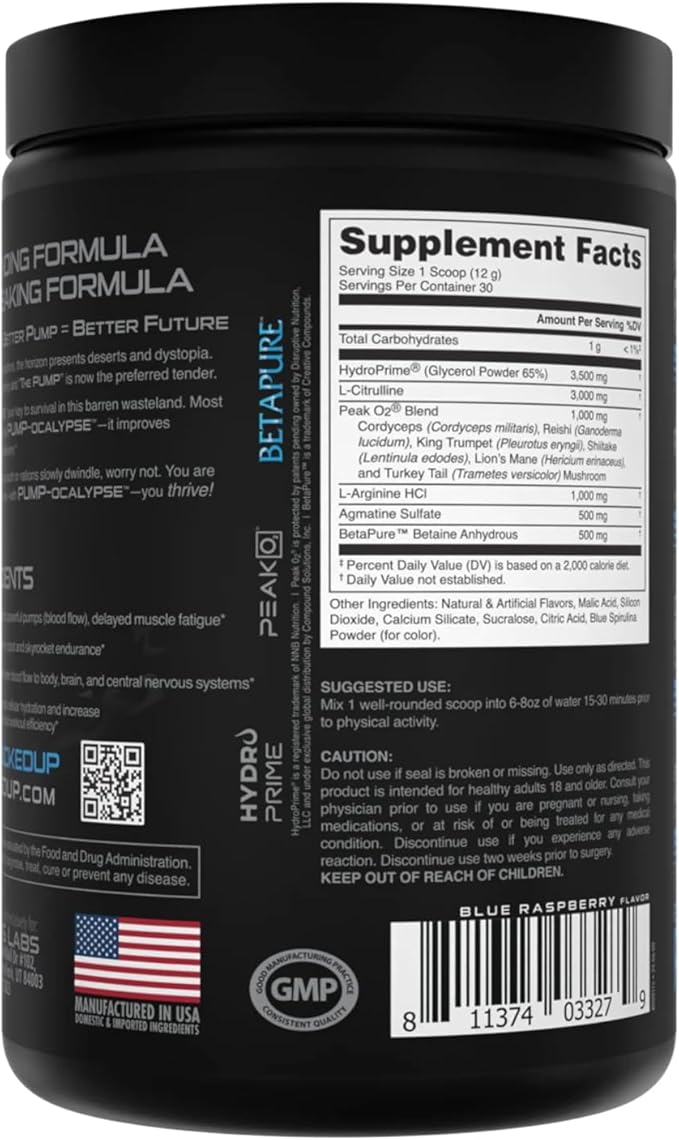 Pump-ocalypse Blue Raz | Nitric Oxide and L Arginine Supplement with Citrulline Malate, GlycerPump | Ultimate N.O. Booster | Lean Muscle Support for Blood Flow, Vascularity, Hydration and Endurance