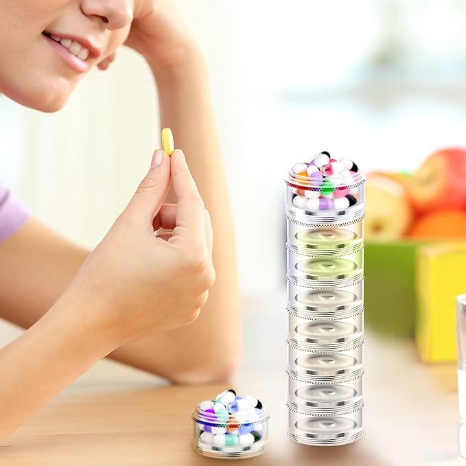Sieral 2 Pack 7 Day Stackable Pill Organizers Round Pill Organizer Case Stackable Weekly Supplements Vitamins Individual Storage Container Boxes Holder Dispenser with Lids for Travel Medicine, Clear