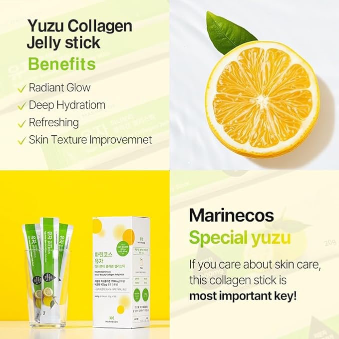 Yuzu Collagen Jelly Stick ㅣ Korean Citrus Beauty Supplement ㅣ Marine Collagen Peptide 3000mg ㅣ Skin Vitality & Hydration ㅣ No Sugar Added ㅣ Portable Stick Type