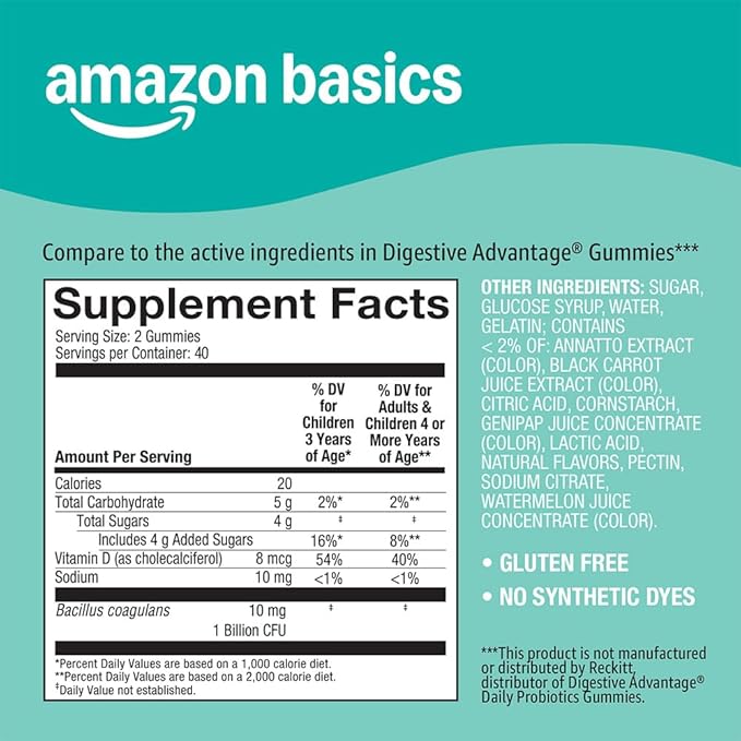 Amazon Basics Kids Kids Probiotic + Prebiotic Gummy, 60 Count