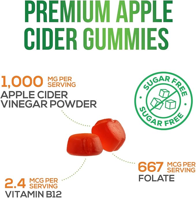 Apple Cider Vinegar Gummies - Sugar Free - Apple Cider Vinegar Powder 1000mg Per Serving - Max Strength ACV Gummy Vitamins - B12 & The Mother - Metabolism & Energy Support - Keto & Vegan - 120 Gummies